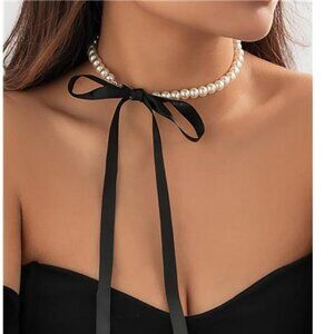 Style Ribbon Bow Pearl Necklace – Vintage Modern Luxury Choker